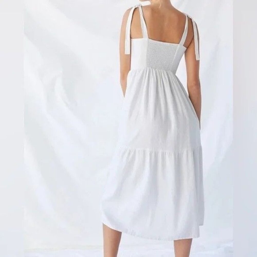 Urban Outfitters White Button-Front Tiered Midi Dress Adjustable Tie Straps XS - Picture 12 of 13